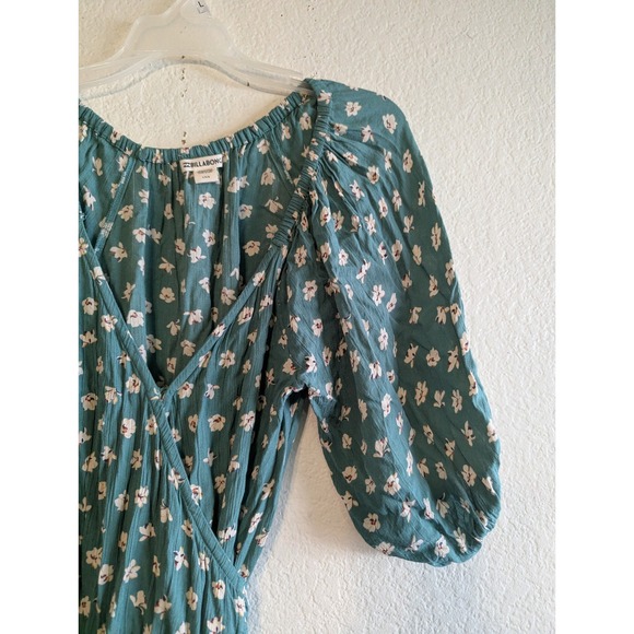 Billabong Teal Green Floral Off Shoulder Wrap Dress Puff Sleeve Rayon Womens L - Picture 12 of 16